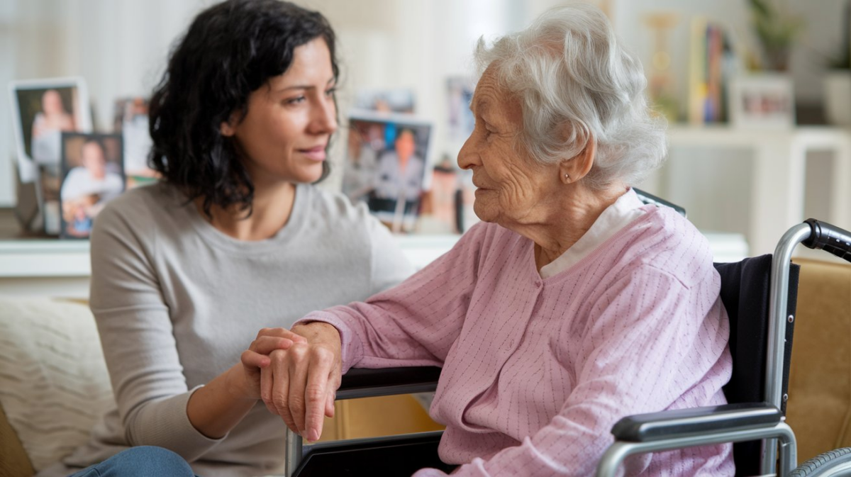 A middle-aged family carer is sitting in a cozy living room, gently holding the hand of an elderly female relative in a wheelchair. 