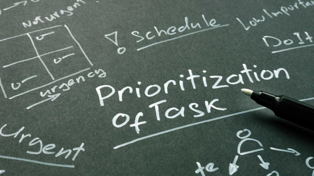 Pen on a blackboard with the words prioritization 