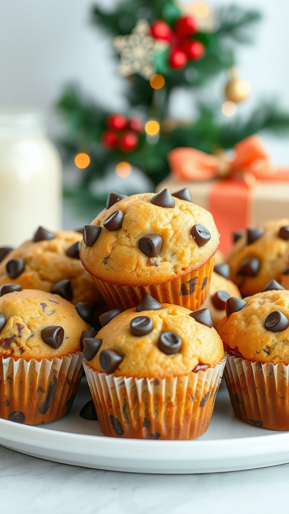 A plate of chocolate chip muffins in front of a festive background