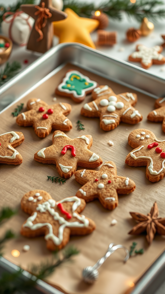 A tray of beautifully decorated gingerbread cookies in festive shapes