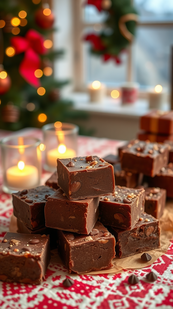 A close-up of rich chocolate fudge squares on a festive table with holiday decorations.