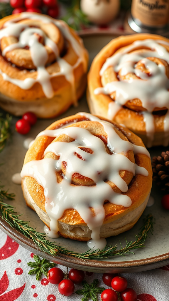 Warm cinnamon rolls drizzled with icing on a plate, surrounded by holiday decorations.