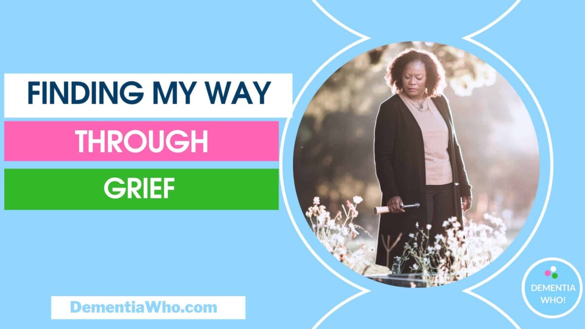 a British African caregiver reflecting on their journey through grief after the loss of their mother. The caregiver, a middle-aged British African woman, stands surrounded by wildflowers overlooking a grave.